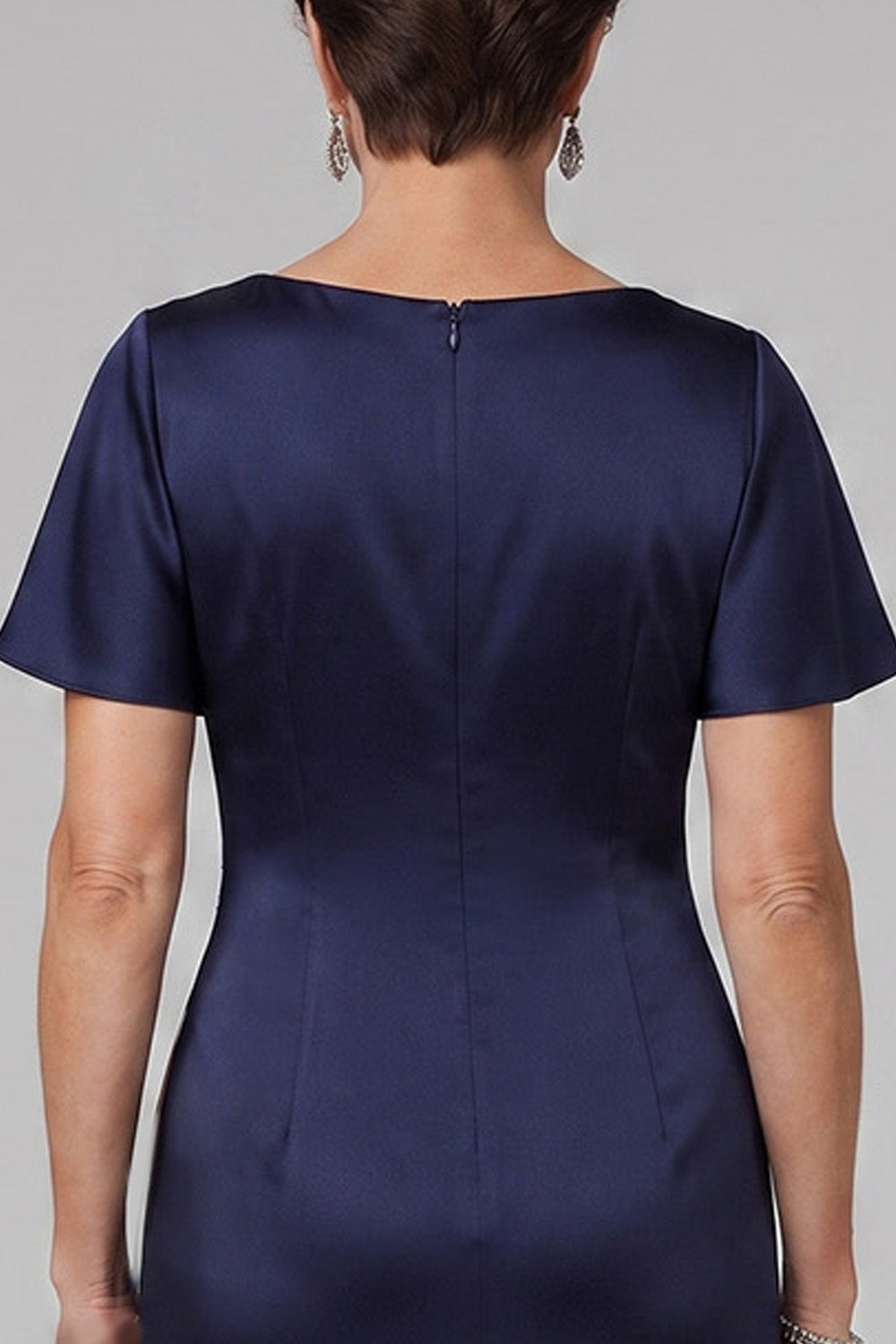 Navy Mermaid Ruched Beaded Satin Long Mother of the Bride Dress with Sleeves