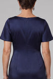 Navy Mermaid Ruched Beaded Satin Long Mother of the Bride Dress with Sleeves