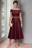 Burgundy A-Line Off the Shoulder Beaded Midi Satin Mother of the Bride Dress