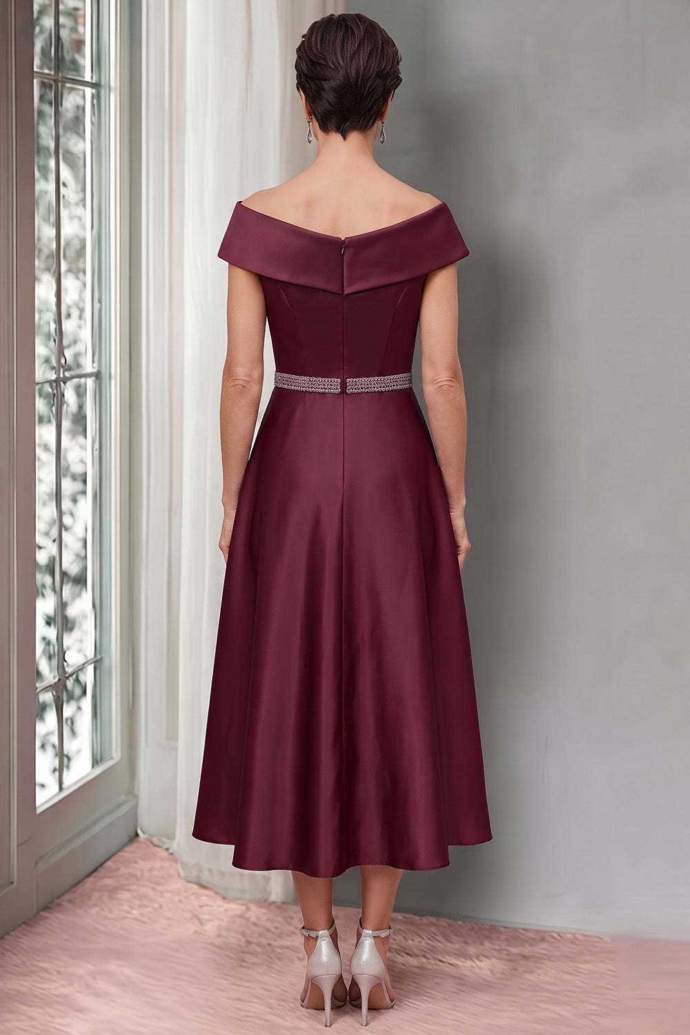 Burgundy A-Line Off the Shoulder Beaded Midi Satin Mother of the Bride Dress