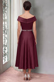 Burgundy A-Line Off the Shoulder Beaded Midi Satin Mother of the Bride Dress