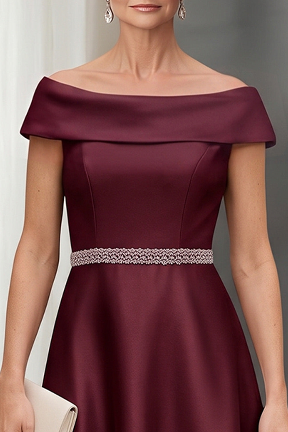 Burgundy A-Line Off the Shoulder Beaded Midi Satin Mother of the Bride Dress