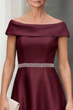 Burgundy A-Line Off the Shoulder Beaded Midi Satin Mother of the Bride Dress
