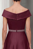 Burgundy A-Line Off the Shoulder Beaded Midi Satin Mother of the Bride Dress