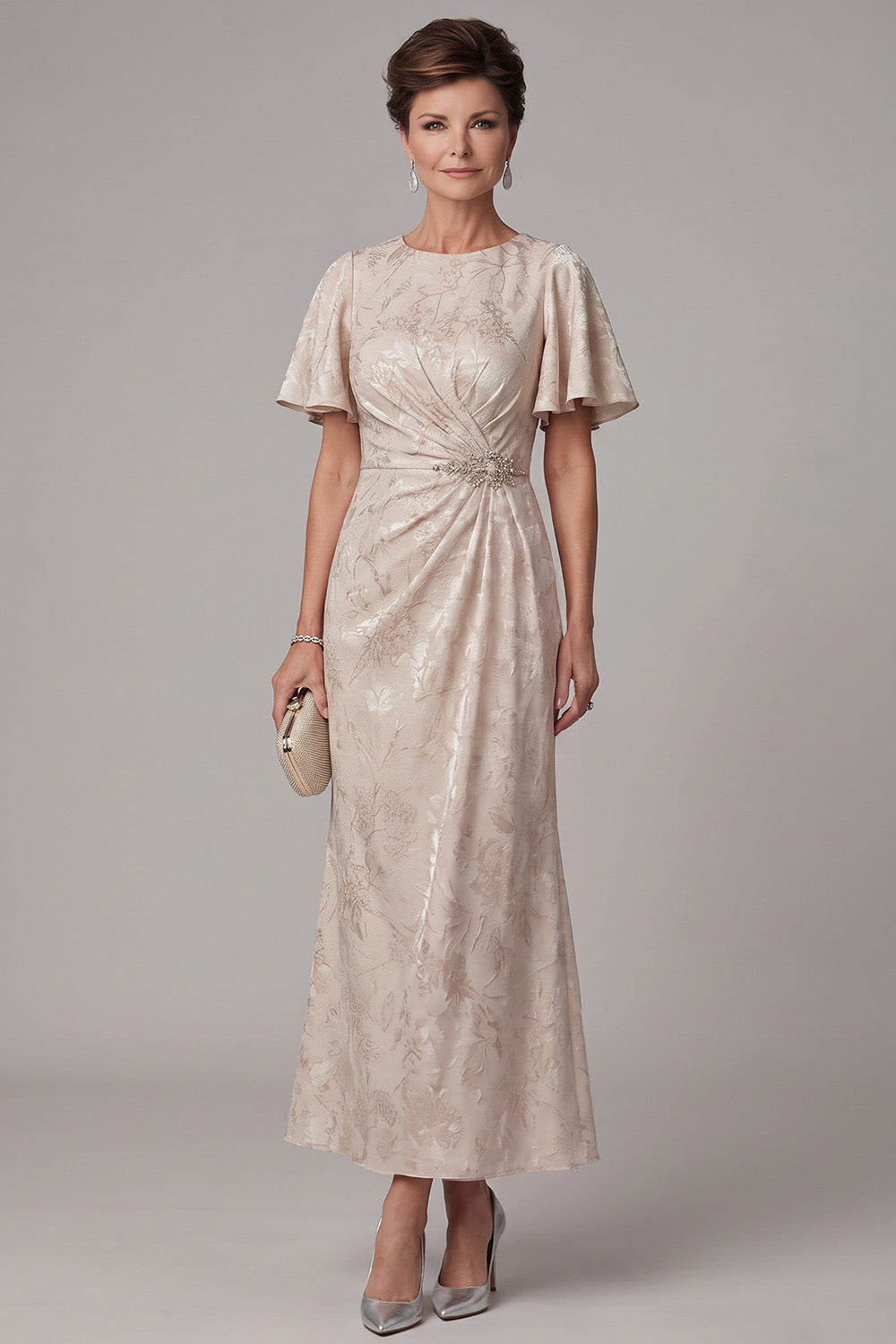 Champagne Mermaid Beaded Round Neck Jacquard Ruched Long Mother of the Bride Dress