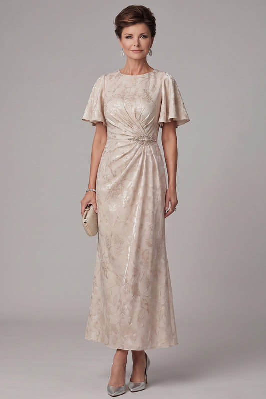 Champagne Mermaid Jacquard Ruched Long Mother of the Bride Dress with Sleeves