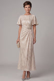 Champagne Mermaid Beaded Round Neck Jacquard Ruched Long Mother of the Bride Dress