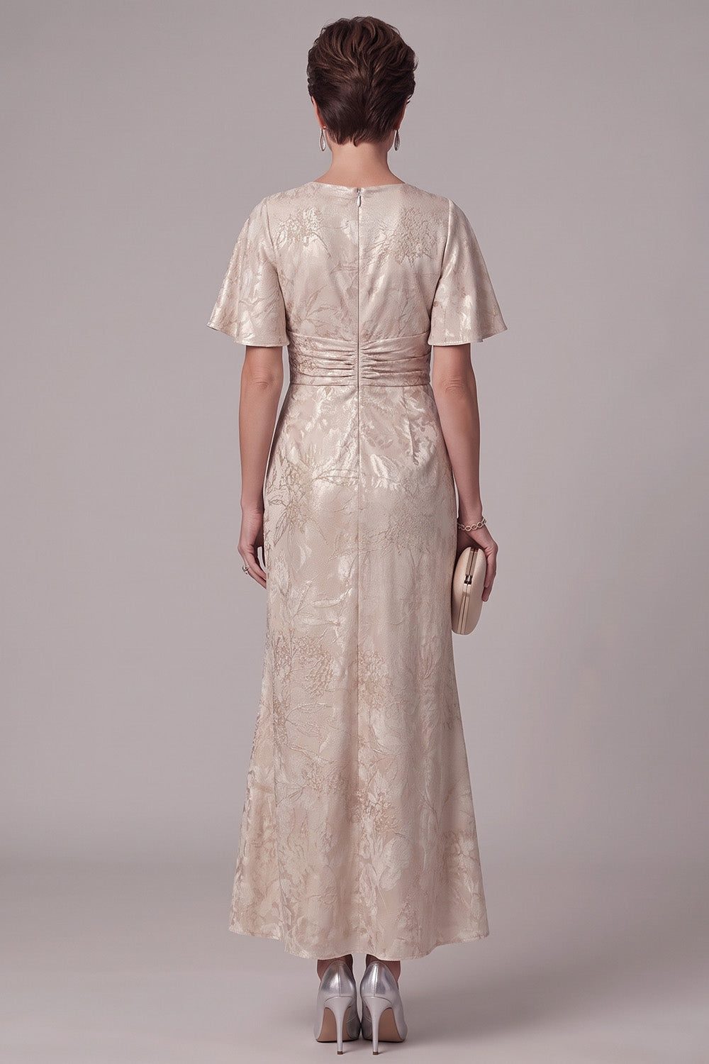 Champagne Mermaid Beaded Round Neck Jacquard Ruched Long Mother of the Bride Dress