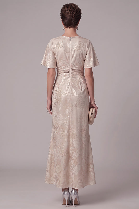 Champagne Mermaid Jacquard Ruched Long Mother of the Bride Dress with Sleeves