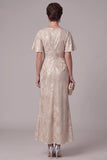 Champagne Mermaid Beaded Round Neck Jacquard Ruched Long Mother of the Bride Dress