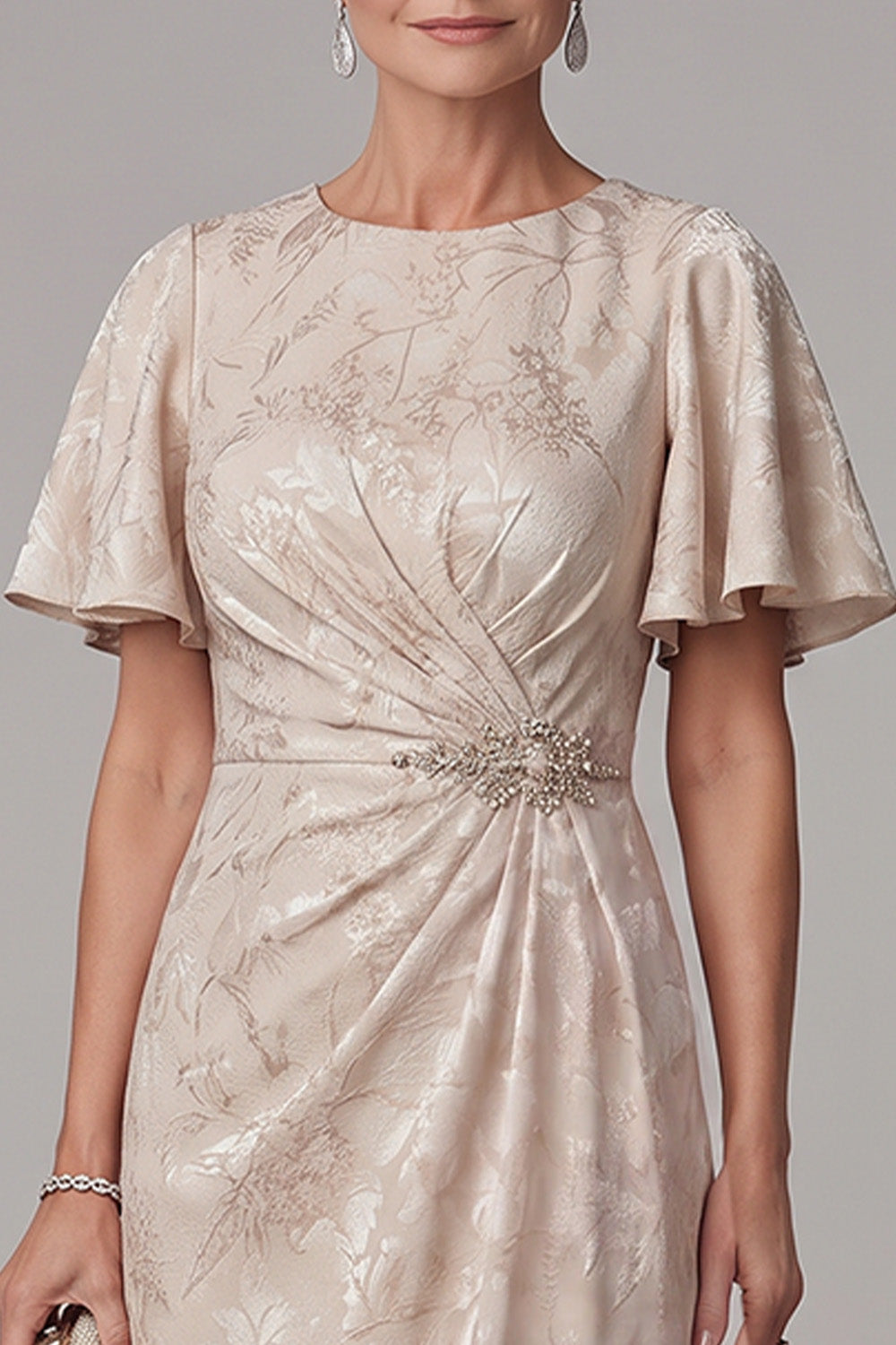 Champagne Mermaid Beaded Round Neck Jacquard Ruched Long Mother of the Bride Dress