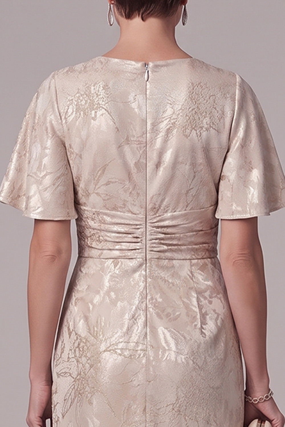 Champagne Mermaid Beaded Round Neck Jacquard Ruched Long Mother of the Bride Dress