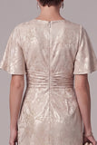 Champagne Mermaid Beaded Round Neck Jacquard Ruched Long Mother of the Bride Dress