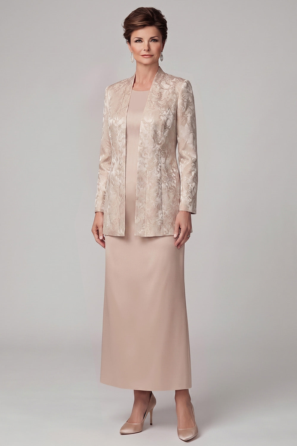 Champagne 2-Piece Sheath Long Satin Mother of the Bride Dress with Slit