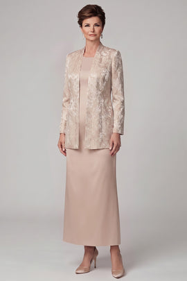 Champagne 2-Piece Sheath Long Satin Mother of the Bride Dress with Slit