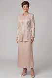 Champagne 2-Piece Sheath Long Satin Mother of the Bride Dress with Slit
