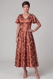 Reddish Brown A-Line V-Neck Jacquard Midi Mother of the Bride Dress with Sleeves