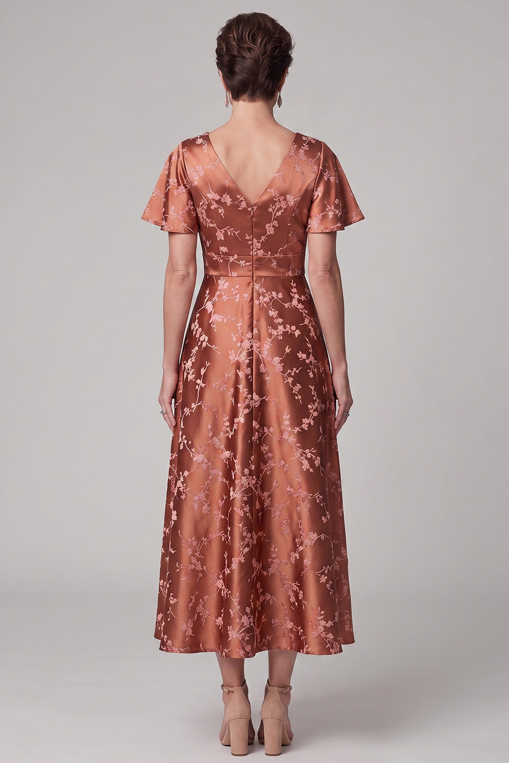 Reddish Brown A-Line V-Neck Jacquard Midi Mother of the Bride Dress with Sleeves