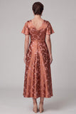 Reddish Brown A-Line V-Neck Jacquard Midi Mother of the Bride Dress with Sleeves
