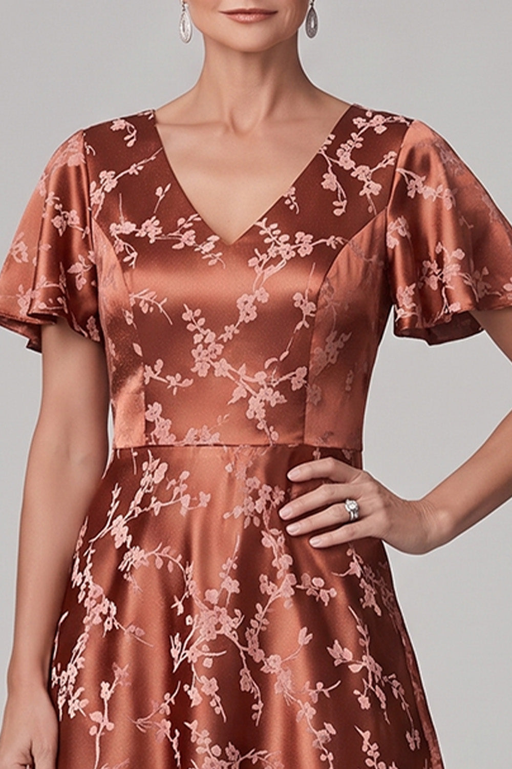 Reddish Brown A-Line V-Neck Jacquard Midi Mother of the Bride Dress with Sleeves