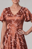 Reddish Brown A-Line V-Neck Jacquard Midi Mother of the Bride Dress with Sleeves