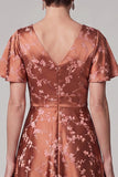Reddish Brown A-Line V-Neck Jacquard Midi Mother of the Bride Dress with Sleeves