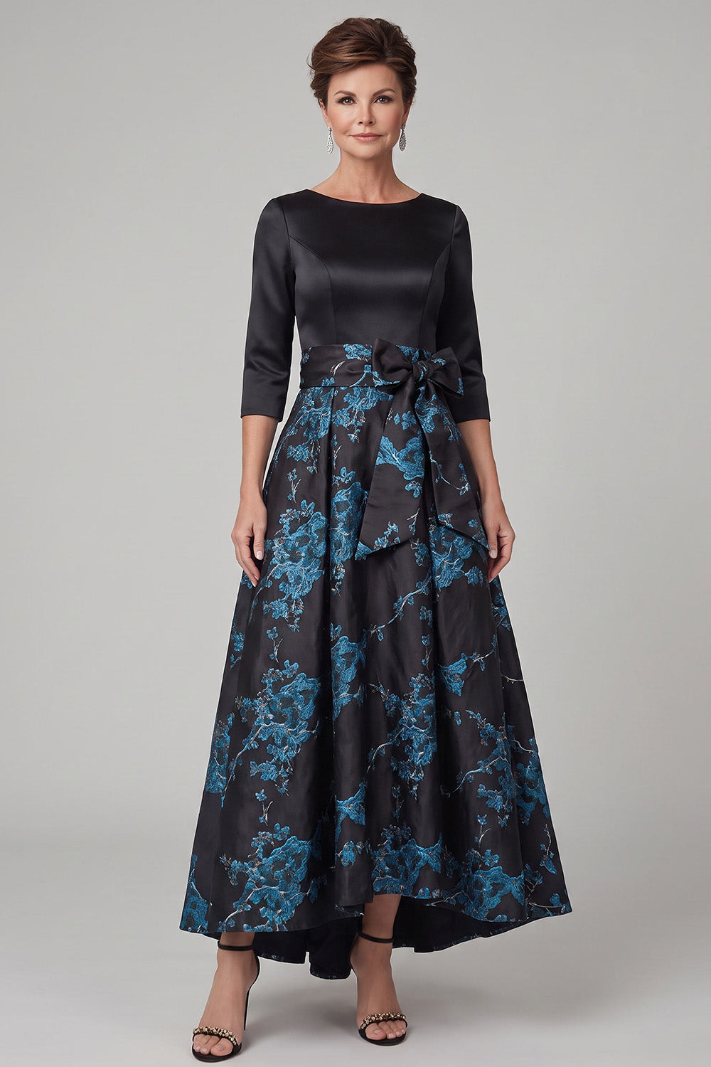 Black A-Line Boat Neck Floral Satin Long Mother of the Bride Dress with Bow