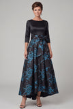 Black A-Line Boat Neck Floral Satin Long Mother of the Bride Dress with Bow