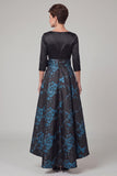 Black A-Line Boat Neck Floral Satin Long Mother of the Bride Dress with Bow
