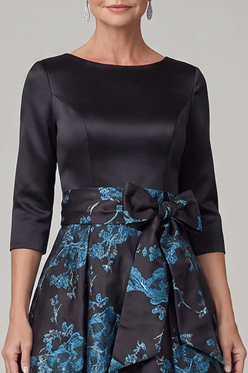 Black A-Line Boat Neck Floral Satin Long Mother of the Bride Dress with Bow