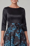 Black A-Line Boat Neck Floral Satin Long Mother of the Bride Dress with Bow