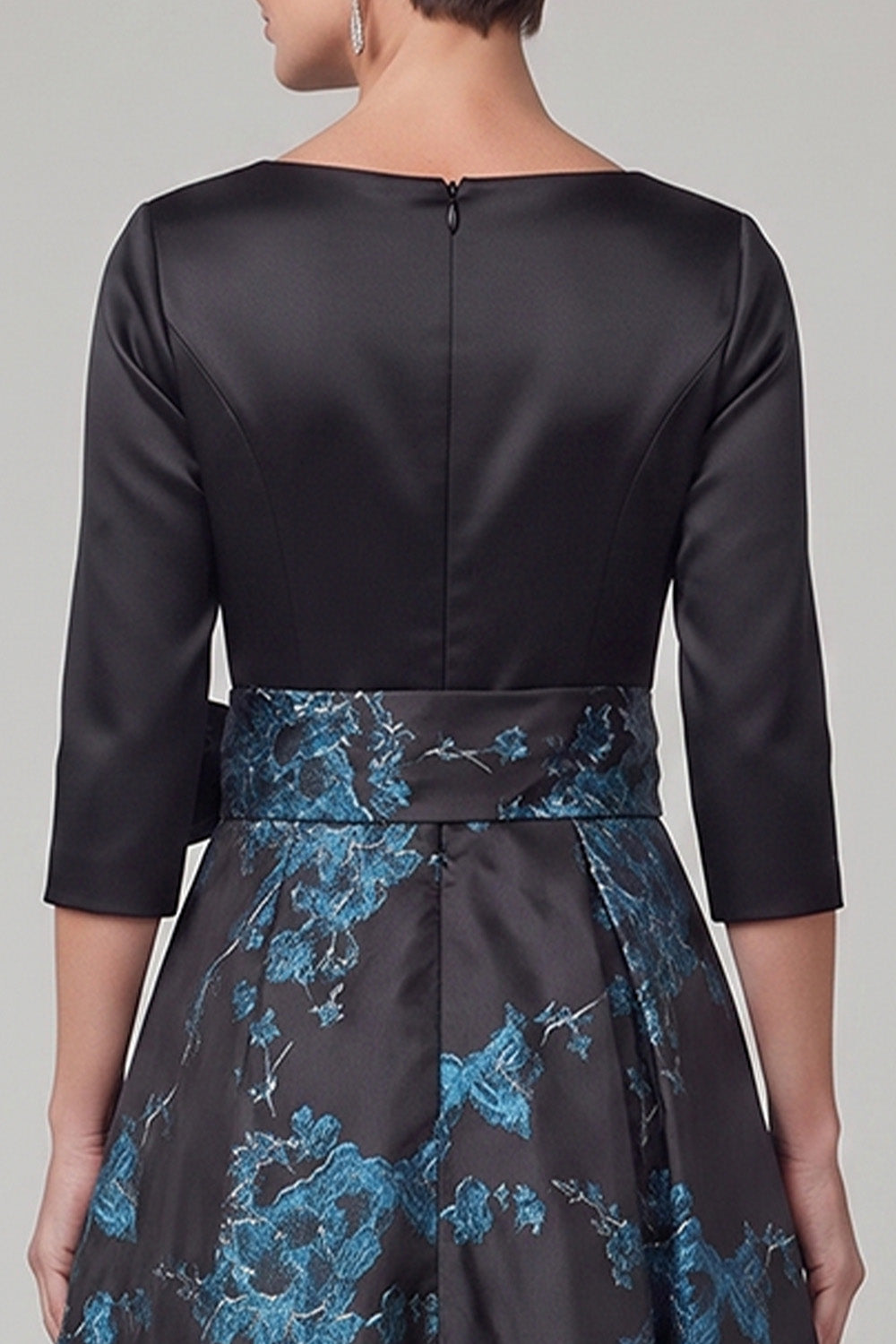 Black A-Line Boat Neck Floral Satin Long Mother of the Bride Dress with Bow