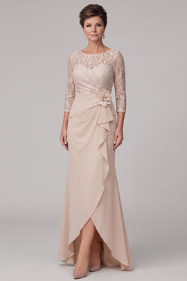 Champagne Mermaid Lace Ruched Long Floral Mother of the Bride Dress with Slit