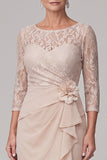 Champagne Mermaid Lace Ruched Long Floral Mother of the Bride Dress with Slit