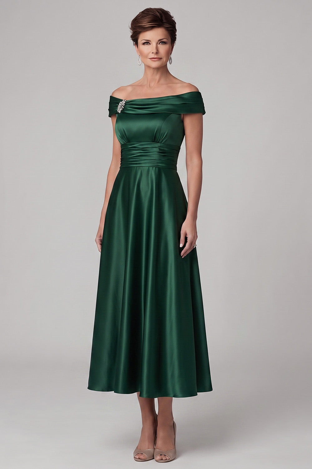 Dark Green Satin A-Line Ruched Midi Mother of the Bride Dress with Rhinestone
