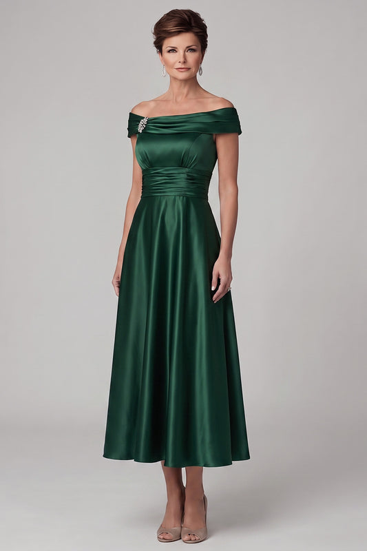 Dark Green Satin A-Line Ruched Midi Mother of the Bride Dress with Rhinestone