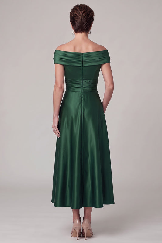 Dark Green Satin A-Line Ruched Midi Mother of the Bride Dress with Rhinestone