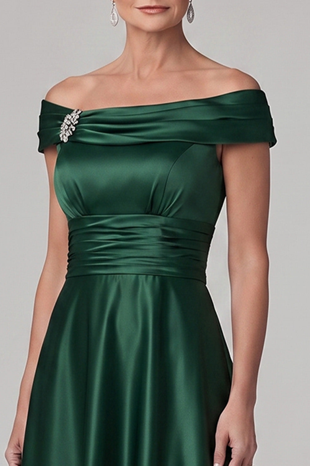 Dark Green Satin A-Line Ruched Midi Mother of the Bride Dress with Rhinestone