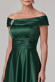Dark Green Satin A-Line Ruched Midi Mother of the Bride Dress with Rhinestone
