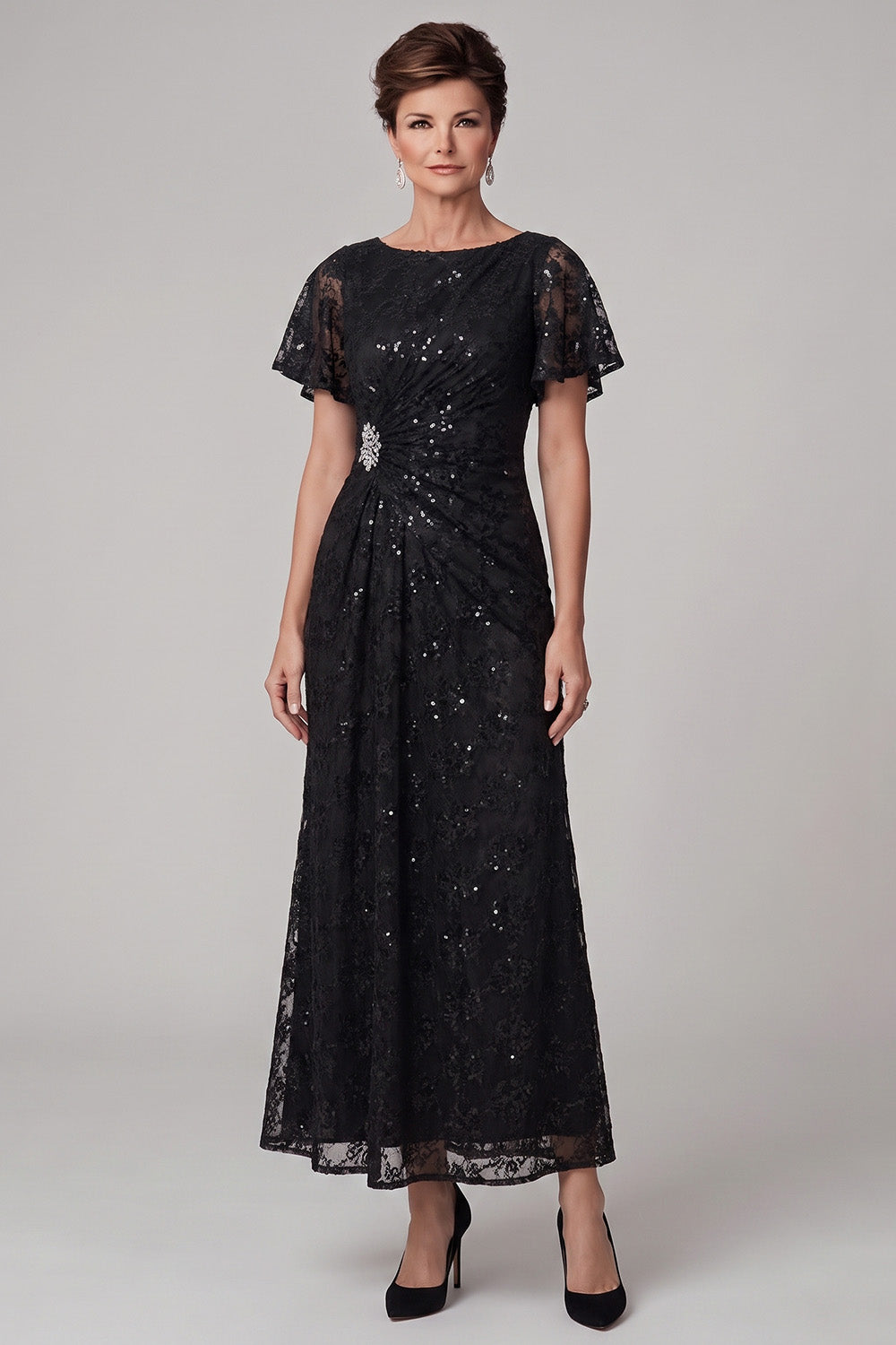 Sparkly Sequin Black Boat Neck Lace Ruched Long Mother of the Bride Dress with Rhinestone