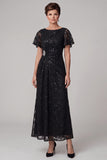 Sparkly Sequin Black Boat Neck Lace Ruched Long Mother of the Bride Dress with Rhinestone