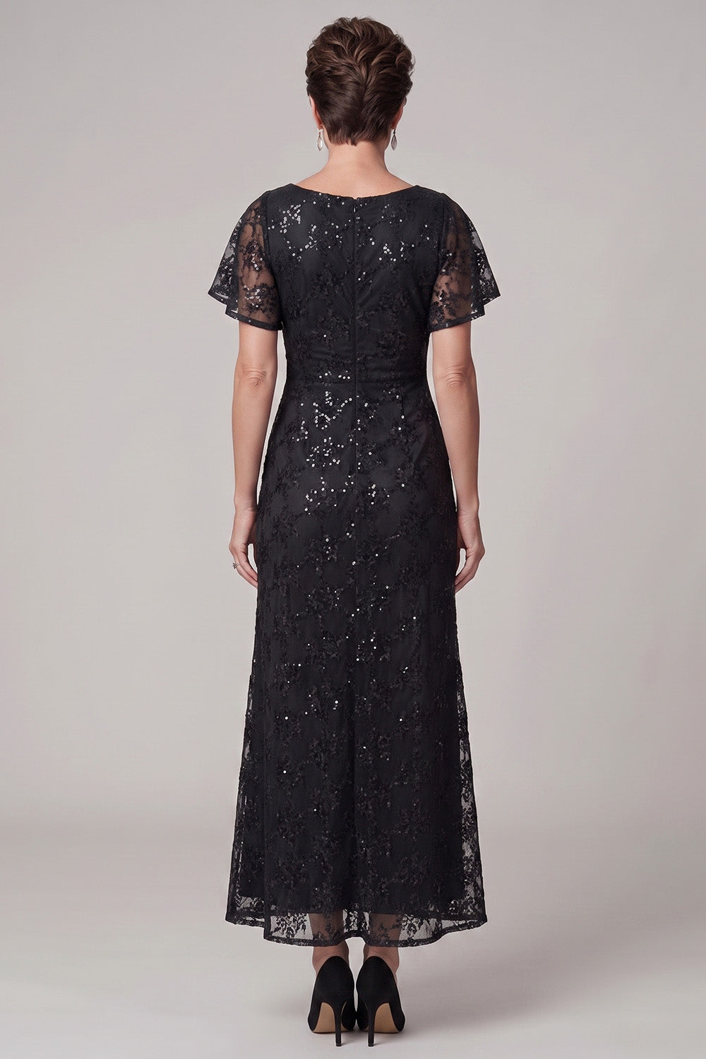 Sparkly Sequin Black Boat Neck Lace Ruched Long Mother of the Bride Dress with Rhinestone