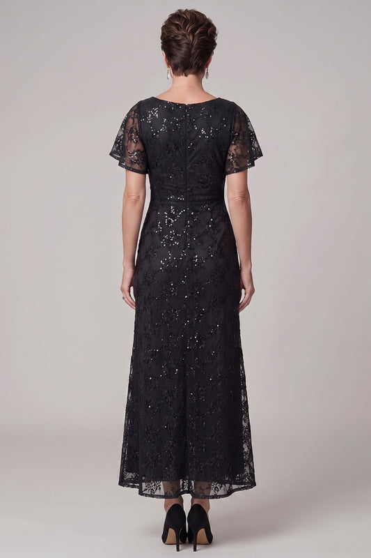 Sparkly Sequin Black Boat Neck Lace Ruched Long Mother of the Bride Dress with Rhinestone