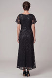 Sparkly Sequin Black Boat Neck Lace Ruched Long Mother of the Bride Dress with Rhinestone