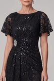Sparkly Sequin Black Boat Neck Lace Ruched Long Mother of the Bride Dress with Rhinestone