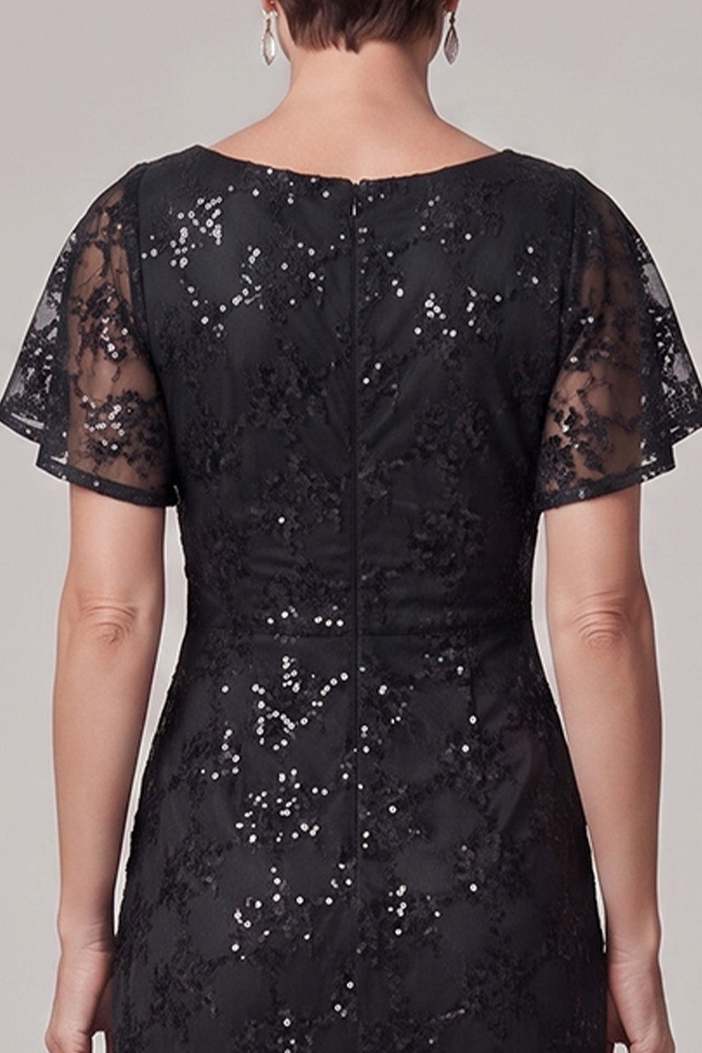 Sparkly Sequin Black Boat Neck Lace Ruched Long Mother of the Bride Dress with Rhinestone