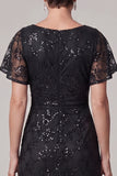 Sparkly Sequin Black Boat Neck Lace Ruched Long Mother of the Bride Dress with Rhinestone