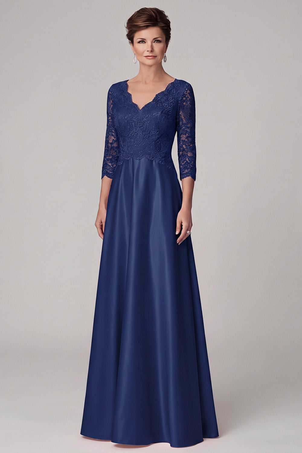 Navy A-Line V-Neck Long Lace Mother of the Bride Dress