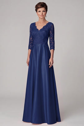 Navy A-Line V-Neck Long Lace Mother of the Bride Dress