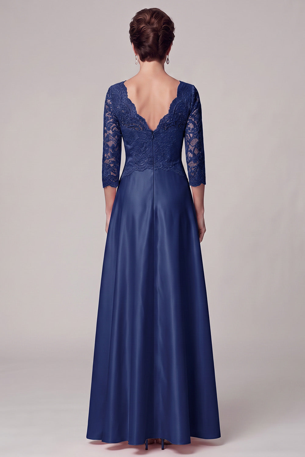 Navy A-Line V-Neck Long Lace Mother of the Bride Dress